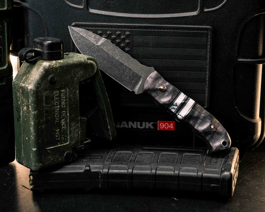 Disaster Cub Gen 3- Dyed Curly Maple, Black G10 and Aluminum Pin Striping, White Turquoise Tru-stone Split, Patriot Mosaic Pins, Aluminum Lanyard Pin, Textured Grip
