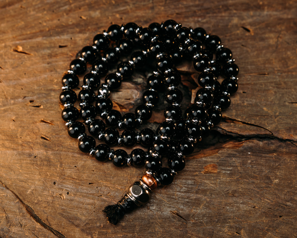 War Mala Bead Necklace - Black SS 10mm Beads w/ Silver Spacers & Copper End Piece
