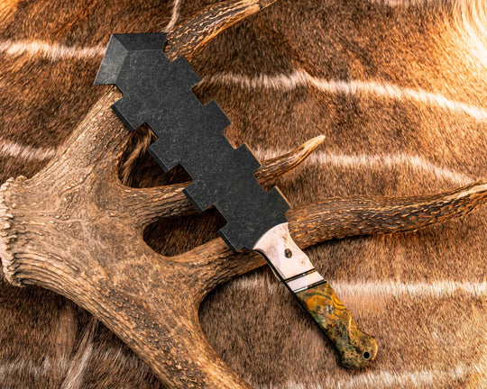 Mini Macuahuitl- Elk Antler, Black G10 and Brass Pin Striping, Ivory Pearl Resin Split, Dyed Black Ash Burl, Mosaic Pins, Brass Lanyard Pin, Textured Grip