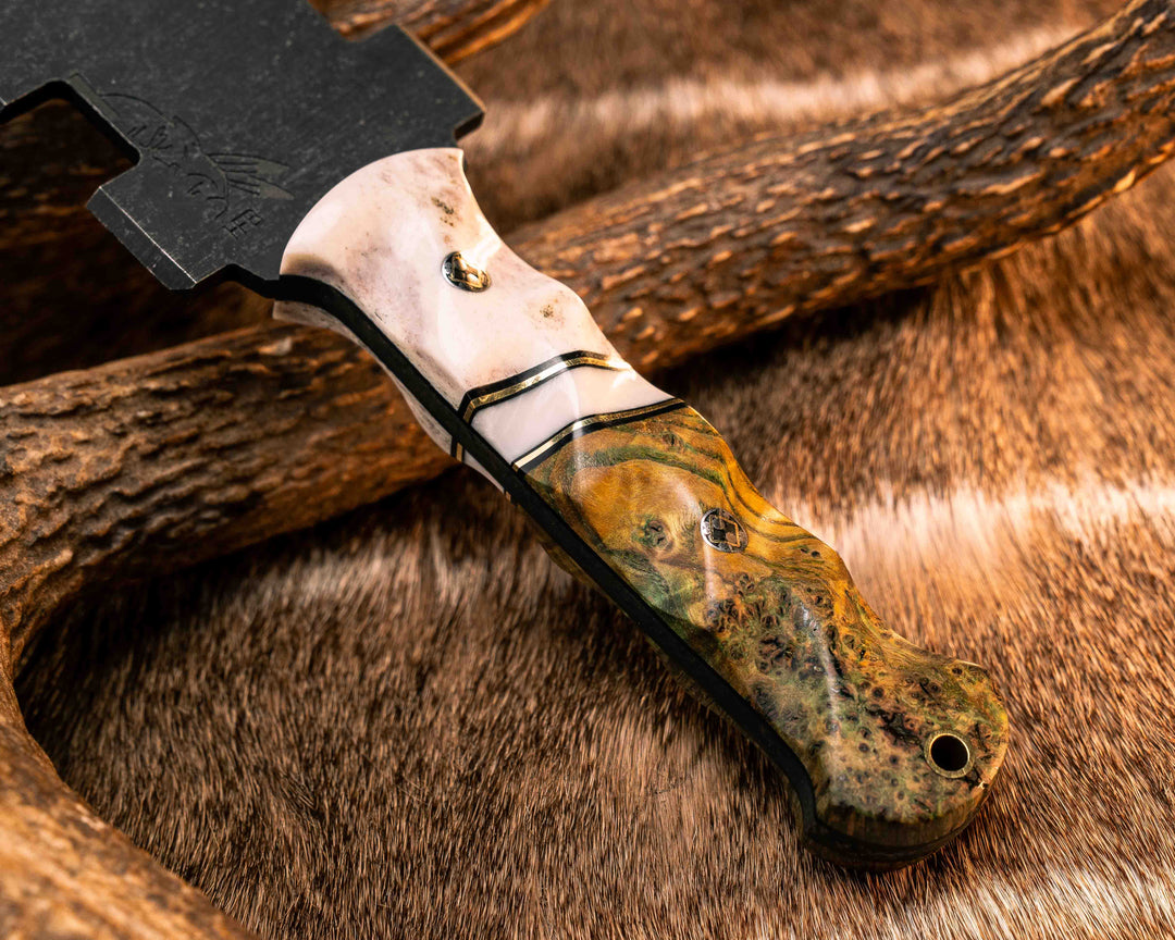 Mini Macuahuitl- Elk Antler, Black G10 and Brass Pin Striping, Ivory Pearl Resin Split, Dyed Black Ash Burl, Mosaic Pins, Brass Lanyard Pin, Textured Grip