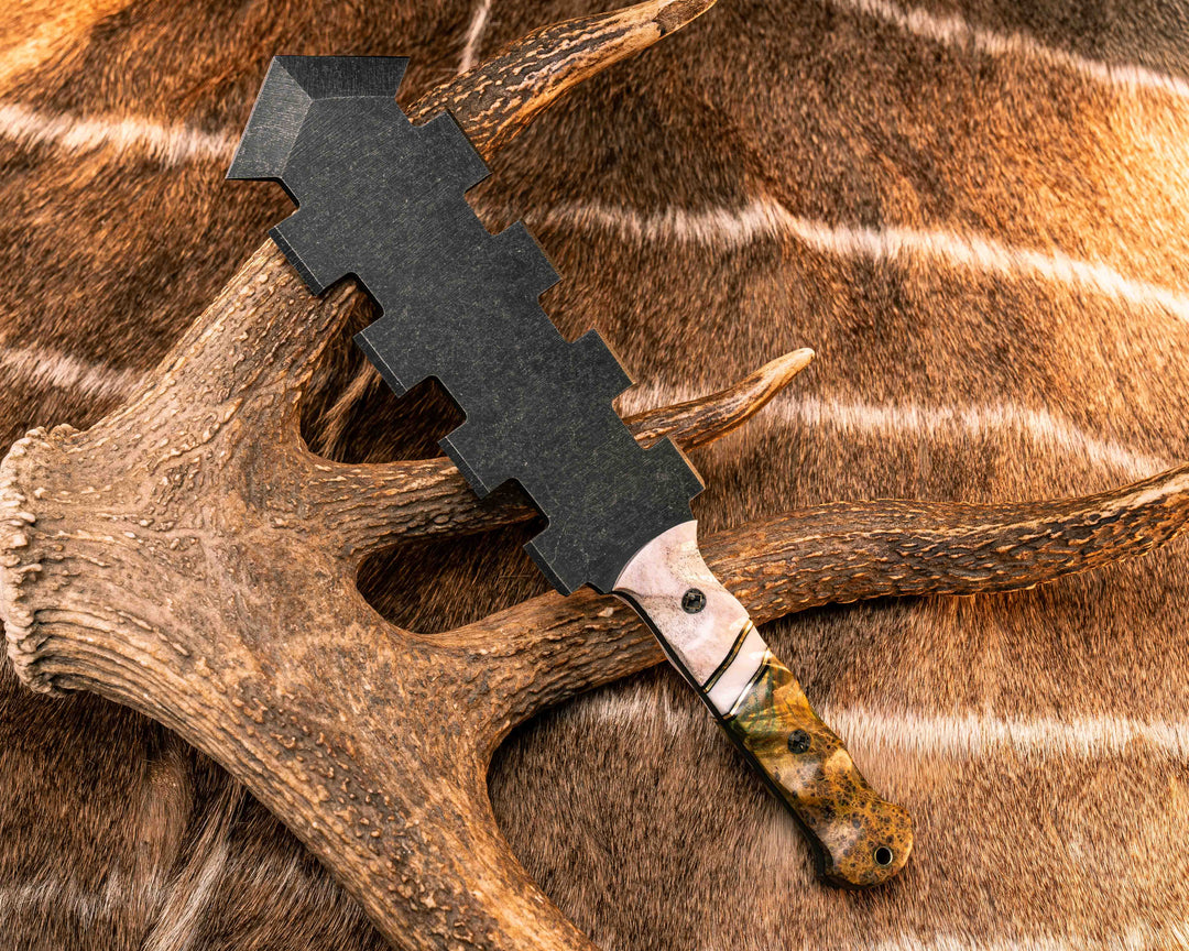 Mini Macuahuitl- Elk Antler, Black G10 and Brass Pin Striping, Ivory Pearl Resin Split, Dyed Black Ash Burl, Mosaic Pins, Brass Lanyard Pin, Textured Grip