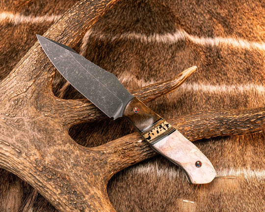 Field Knife- Teak, Black G10, Desert Tan G10, OD Green G10 and Copper Pin Striping, Black Calceon Split, Elk antler, Patriot Mosaic Pins, Textured Grip