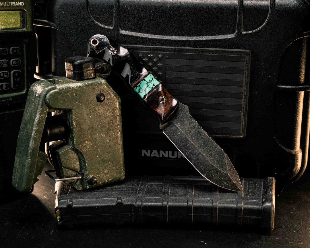 Disaster Cub- Hawaiian Curly Koa, Black G10 and Copper Pin Striping, Green Dragonskin Tru-stone Split, Ram's Horn, Mosaic Pins, Copper Lanyard Pin, Textured Grip
