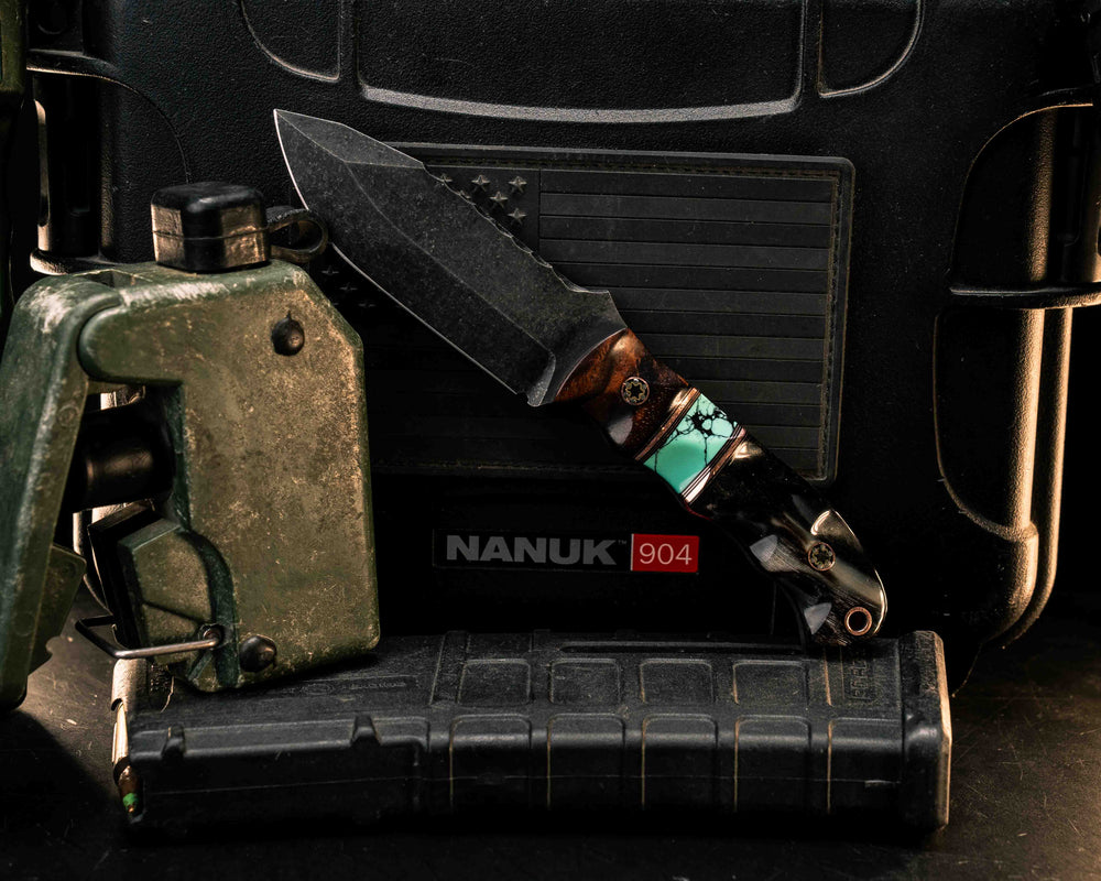 Disaster Cub- Hawaiian Curly Koa, Black G10 and Copper Pin Striping, Green Dragonskin Tru-stone Split, Ram's Horn, Mosaic Pins, Copper Lanyard Pin, Textured Grip