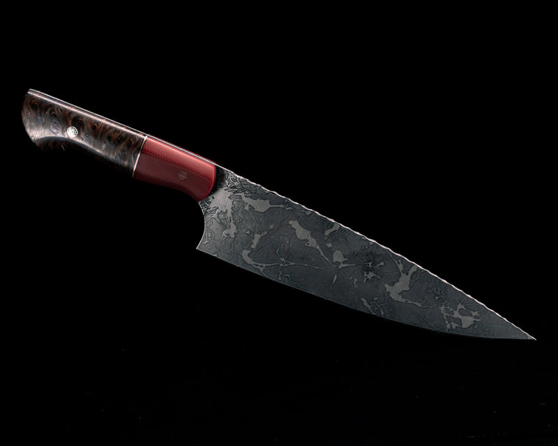 Chef Blade- Burgundy G10, Black G10 and Copper Split, Redwood Burl, Red Micarta Pin, Mosaic Pin, Smooth Grip