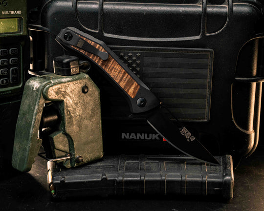 Custom Kwaiken Folder - Hawaiian Curly Koa, Anodized Black Handle, Black Nitride Blade, Textured Grip, Deep Carry Pocket Clip