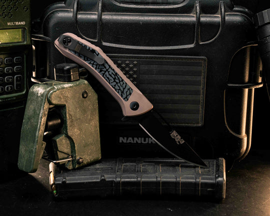 Custom Kwaiken Folder-  Black and Grey Elephant Print Jordan Resin, Anodized Grey Handle, Grey Nitride Blade, Smooth Grip, Deep Carry Pocket Clip