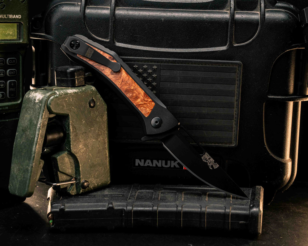 Custom Kwaiken Folder - Afzelia Burl, Anodized Black Handle, Black Nitride Blade, Textured Grip, Deep Carry Pocket Clip