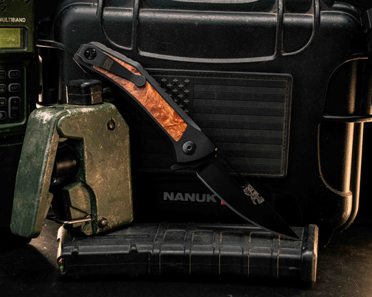 Custom Kwaiken Folder - Afzelia Burl, Anodized Black Handle, Black Nitride Blade, Textured Grip, Deep Carry Pocket Clip