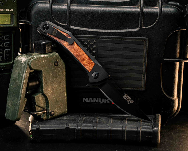 Custom Kwaiken Folder - Afzelia Burl, Anodized Black Handle, Black Nitride Blade, Textured Grip, Deep Carry Pocket Clip