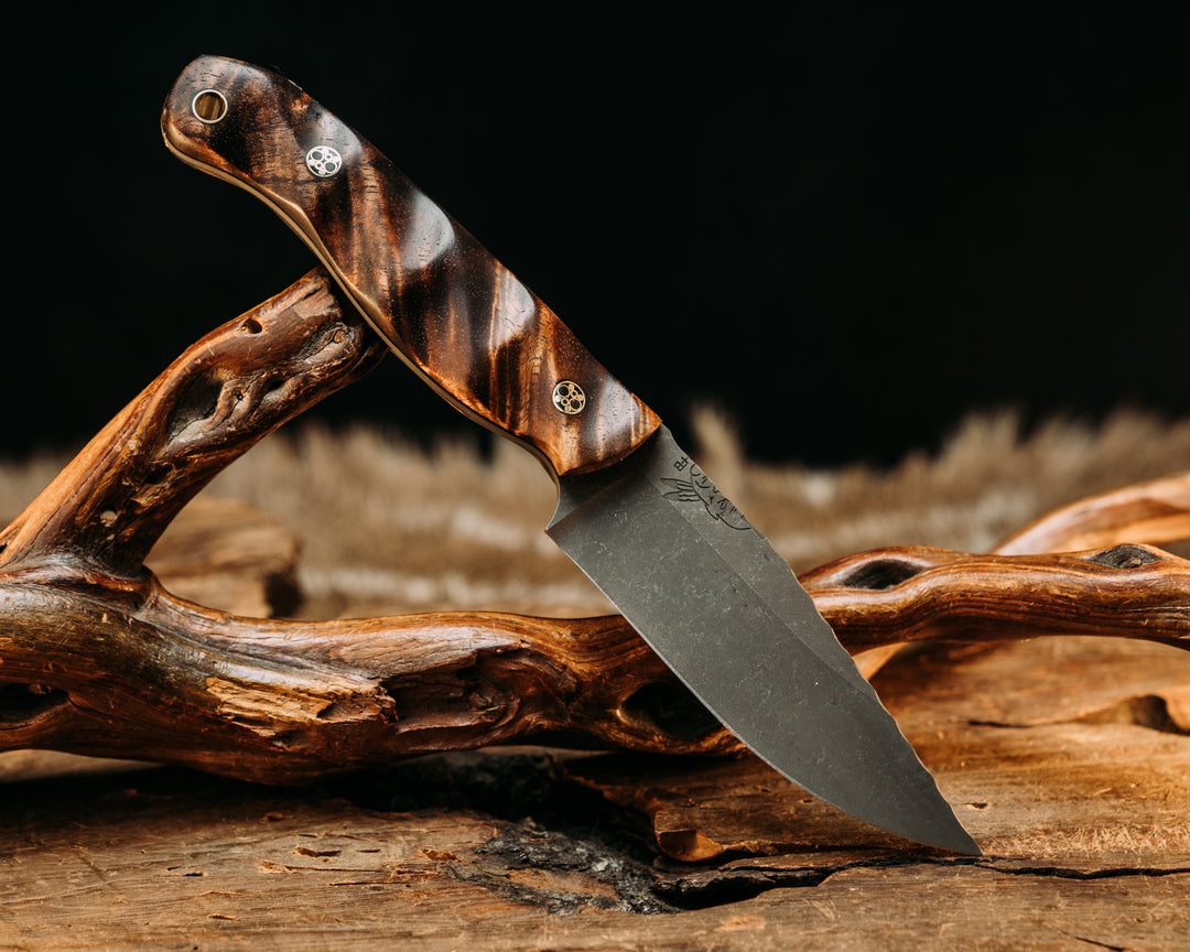 Crow Scalper - Hawaiian Curly Koa, Mosaic Pins, Brass Lanyard Pin, Textured Grip.