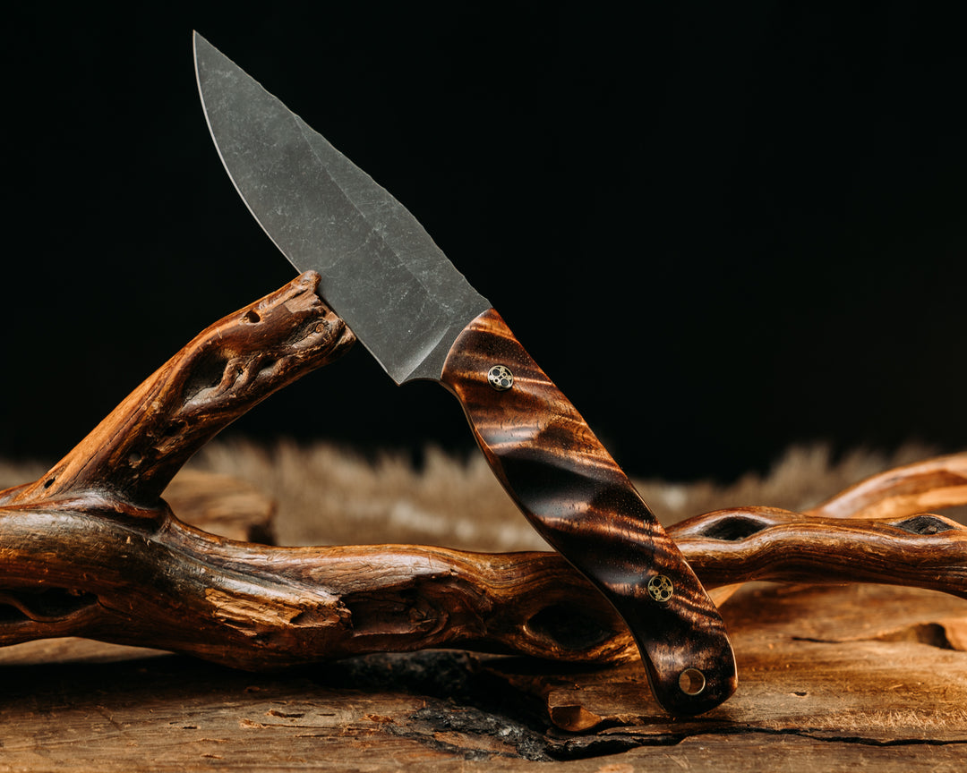 Crow Scalper - Hawaiian Curly Koa, Mosaic Pins, Brass Lanyard Pin, Textured Grip.
