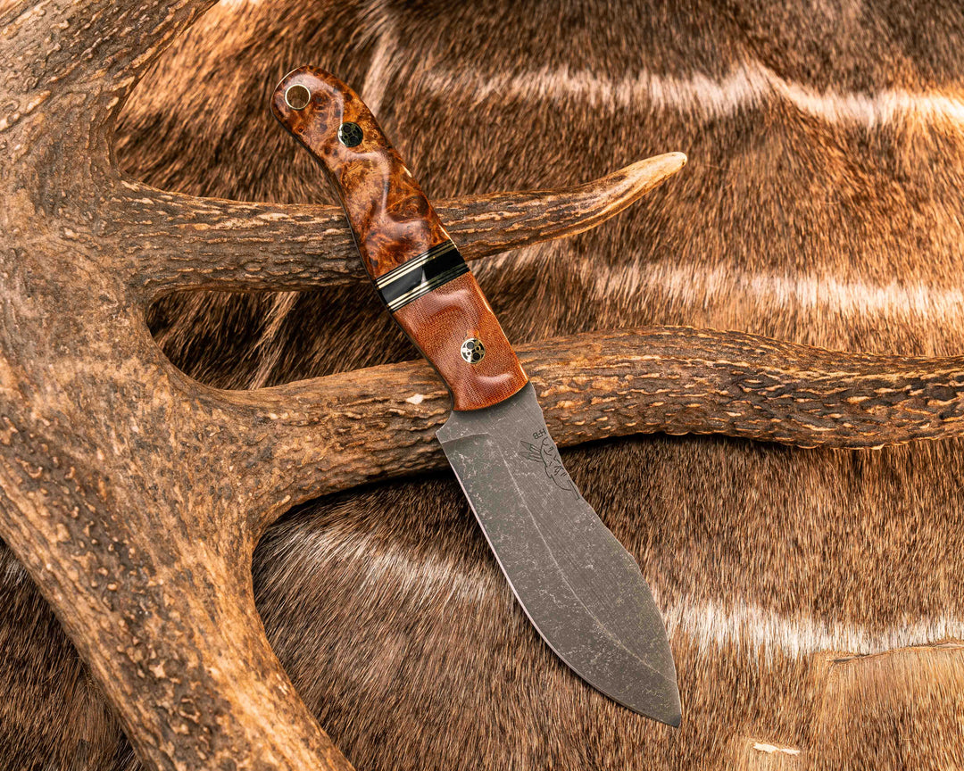 Skinner Jr- Vintage Butterscotch Canvas Micarta, Black G10 and Brass Pin Striping, Synthetic Tortoise Shell split, Amboyna Burl, Mosaic Pins, Brass Lanyard Pin, Textured Grip
