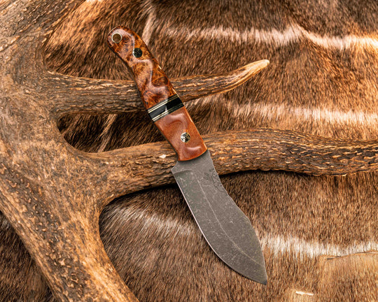 Skinner Jr- Vintage Butterscotch Canvas Micarta, Black G10 and Brass Pin Striping, Synthetic Tortoise Shell split, Amboyna Burl, Mosaic Pins, Brass Lanyard Pin, Textured Grip