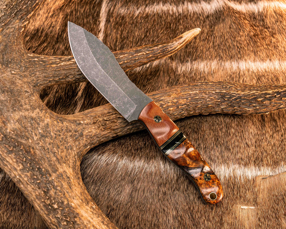 Skinner Jr- Vintage Butterscotch Canvas Micarta, Black G10 and Brass Pin Striping, Synthetic Tortoise Shell split, Amboyna Burl, Mosaic Pins, Brass Lanyard Pin, Textured Grip