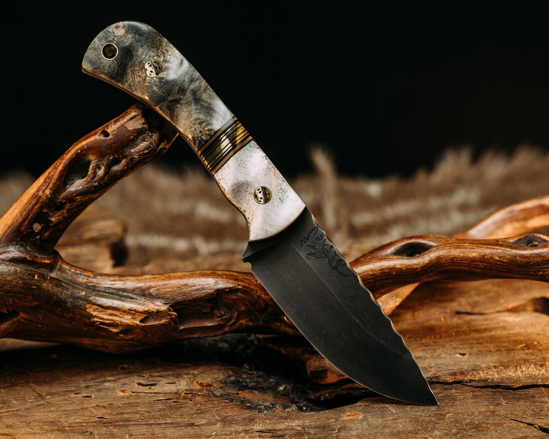 Cav Jr - Elk Antler, Black & Coyote G10 W/ Brass Split, Buckeye, Mosaic Pins, Brass Lanyard Pin, Textured Grip.