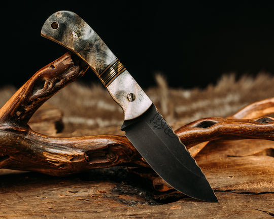 Cav Jr - Elk Antler, Black & Coyote G10 W/ Brass Split, Buckeye, Mosaic Pins, Brass Lanyard Pin, Textured Grip.