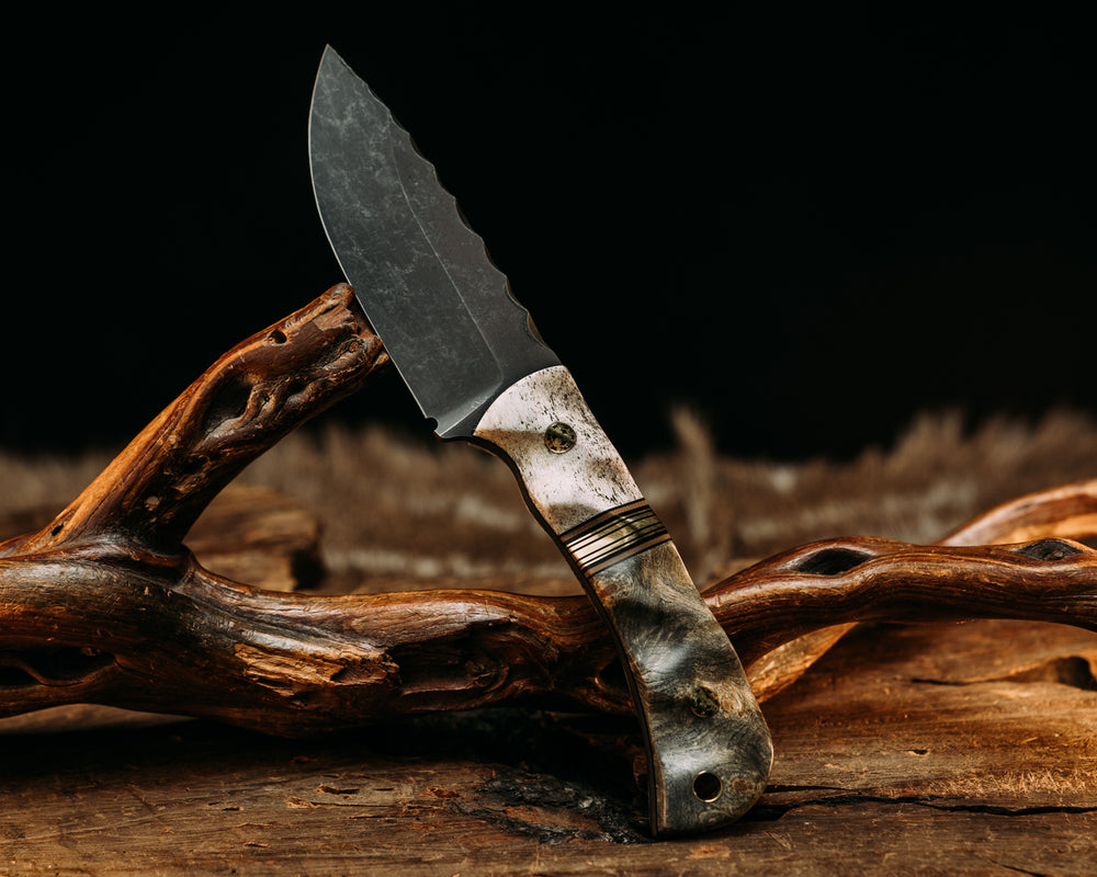 Cav Jr - Elk Antler, Black & Coyote G10 W/ Brass Split, Buckeye, Mosaic Pins, Brass Lanyard Pin, Textured Grip.
