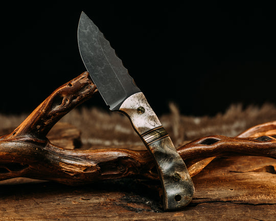 Cav Jr - Elk Antler, Black & Coyote G10 W/ Brass Split, Buckeye, Mosaic Pins, Brass Lanyard Pin, Textured Grip.
