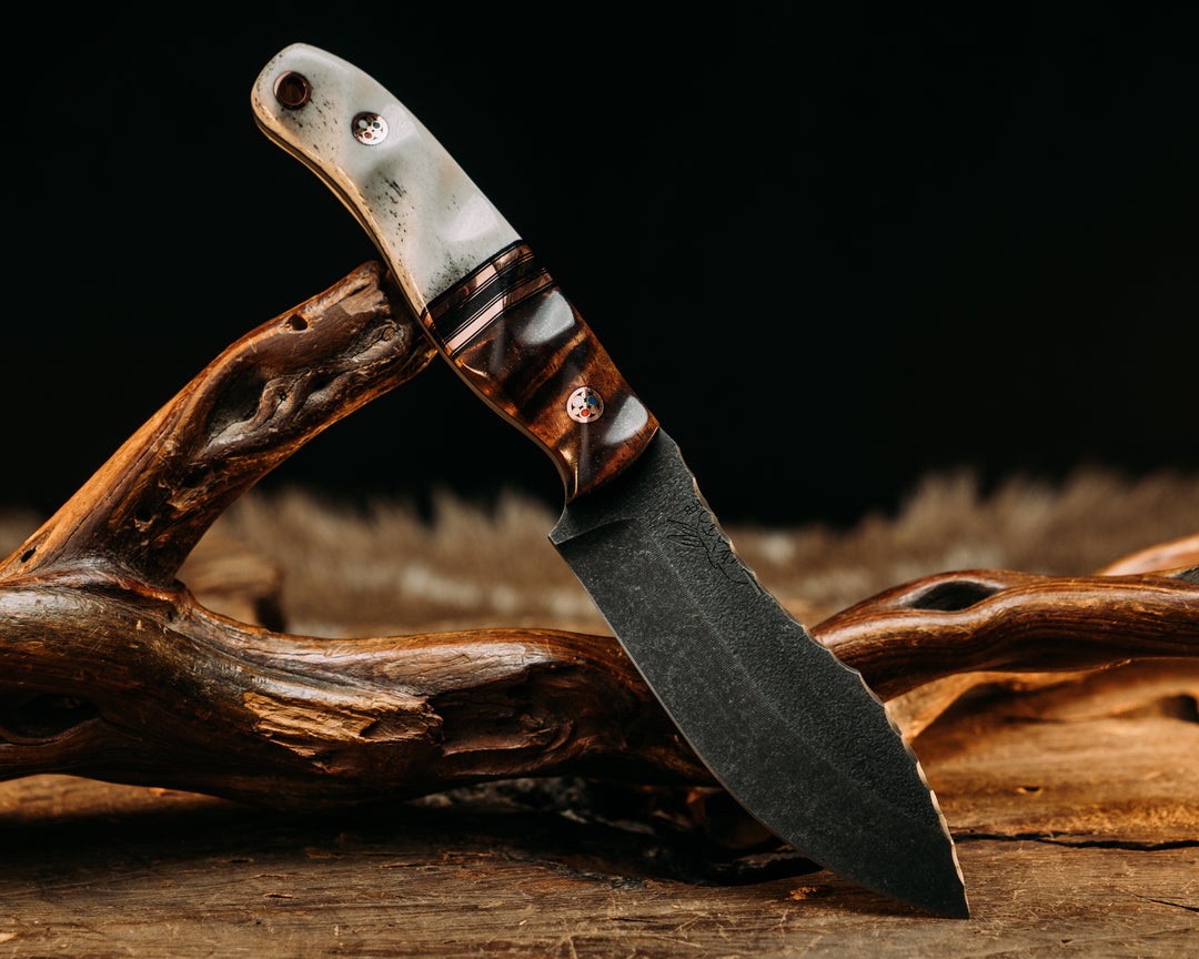 Skinner Jr - Hawaiian Curly Koa, Black G10 & Copper Pin Striping, Copper & Black Canvas Splits, Elk Antler, Copper Patriot Pins, Textured Grip.