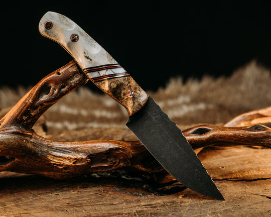 Crow Scalper - CHechen, Black & Red G10 w/ Copper Pin Striping, White w/ Copper Web Tru Stone Split, Elk Antler, Patriot Mosaic Pins, Textured Grip.