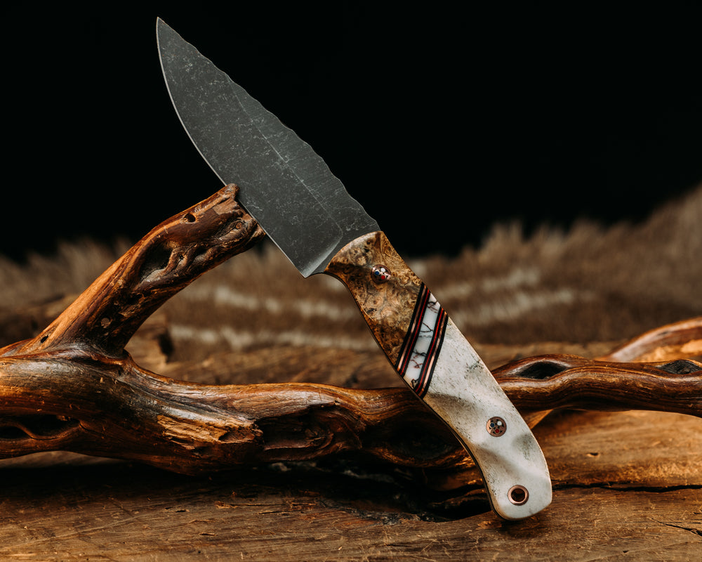 Crow Scalper - CHechen, Black & Red G10 w/ Copper Pin Striping, White w/ Copper Web Tru Stone Split, Elk Antler, Patriot Mosaic Pins, Textured Grip.