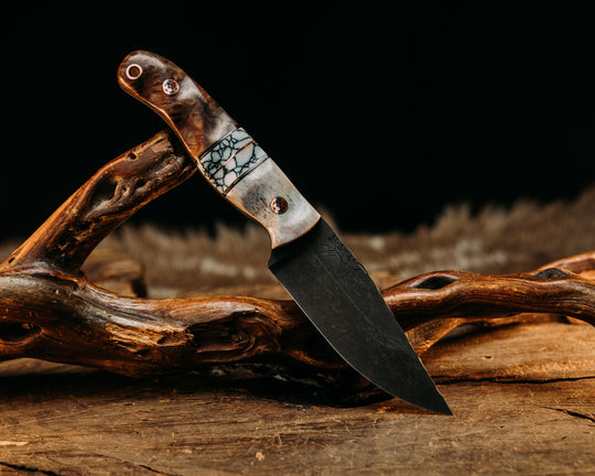 Feather Light - Elk Antler, Black G10 & Brass Pin Striping, White Tru Stone w/ Black Web, Red Wood, Copper Patriot Pins, Textured Grip.