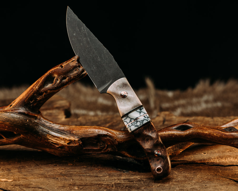 Feather Light - Elk Antler, Black G10 & Brass Pin Striping, White Tru Stone w/ Black Web, Red Wood, Copper Patriot Pins, Textured Grip.