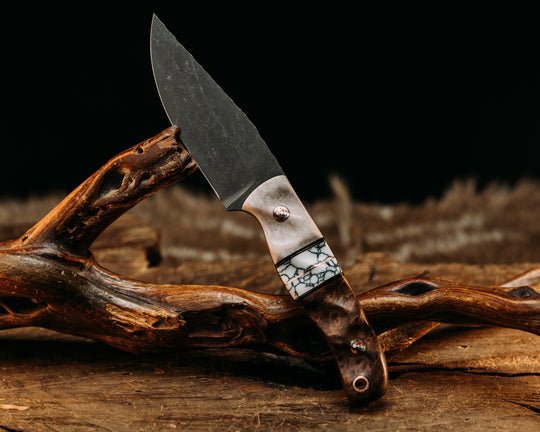 Feather Light - Elk Antler, Black G10 & Brass Pin Striping, White Tru Stone w/ Black Web, Red Wood, Copper Patriot Pins, Textured Grip.