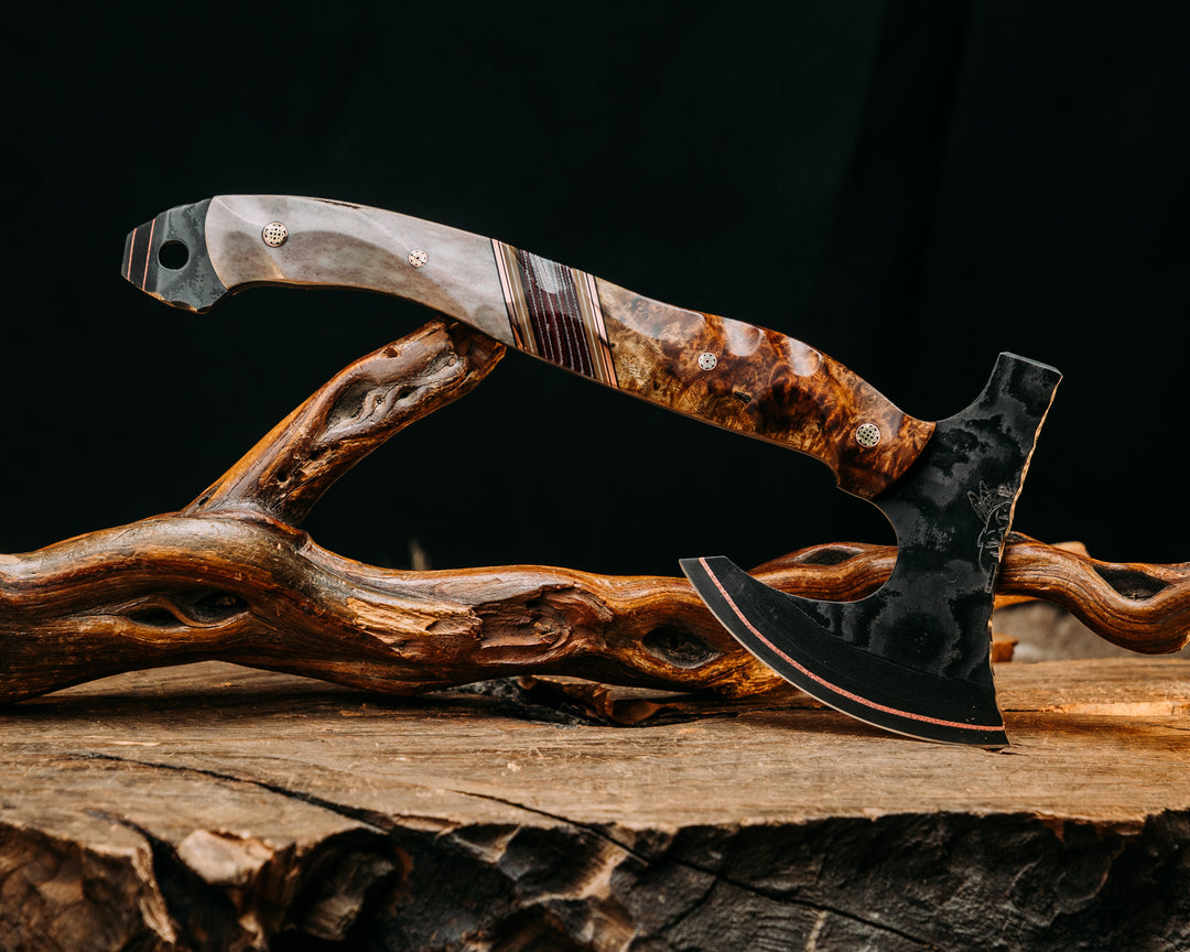 Mini Viking Hawk- Baker Forge GoMai CuShim- Chechen Caribbean Rosewood, Black G10, Copper, Coyote G10 and White G10 Pin Striping, American Flag Canvas Micarta Split, Elk Antler, Mosaic Pins, Textured Grip