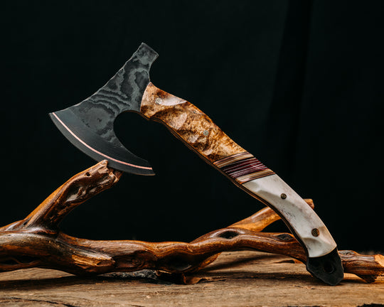 Mini Viking Hawk- Baker Forge GoMai CuShim- Chechen Caribbean Rosewood, Black G10, Copper, Coyote G10 and White G10 Pin Striping, American Flag Canvas Micarta Split, Elk Antler, Mosaic Pins, Textured Grip