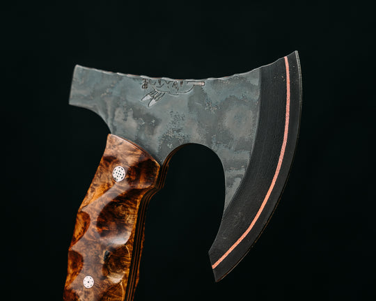 Mini Viking Hawk- Baker Forge GoMai CuShim- Chechen Caribbean Rosewood, Black G10, Copper, Coyote G10 and White G10 Pin Striping, American Flag Canvas Micarta Split, Elk Antler, Mosaic Pins, Textured Grip