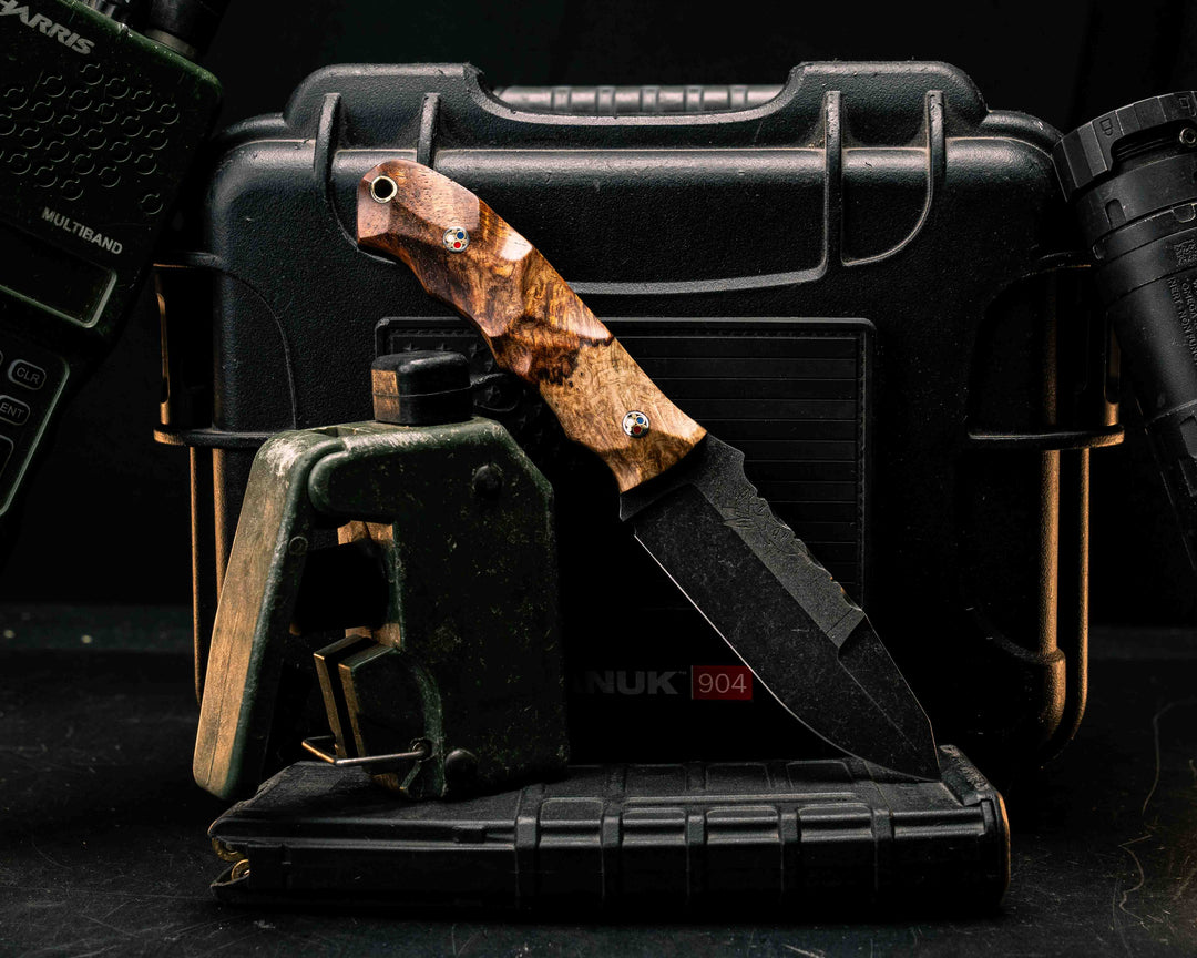 Disaster Jr Gen 3- Amboyna Burl, Patriot Mosaic Pins, Brass Lanyard Pin, Textured Grip