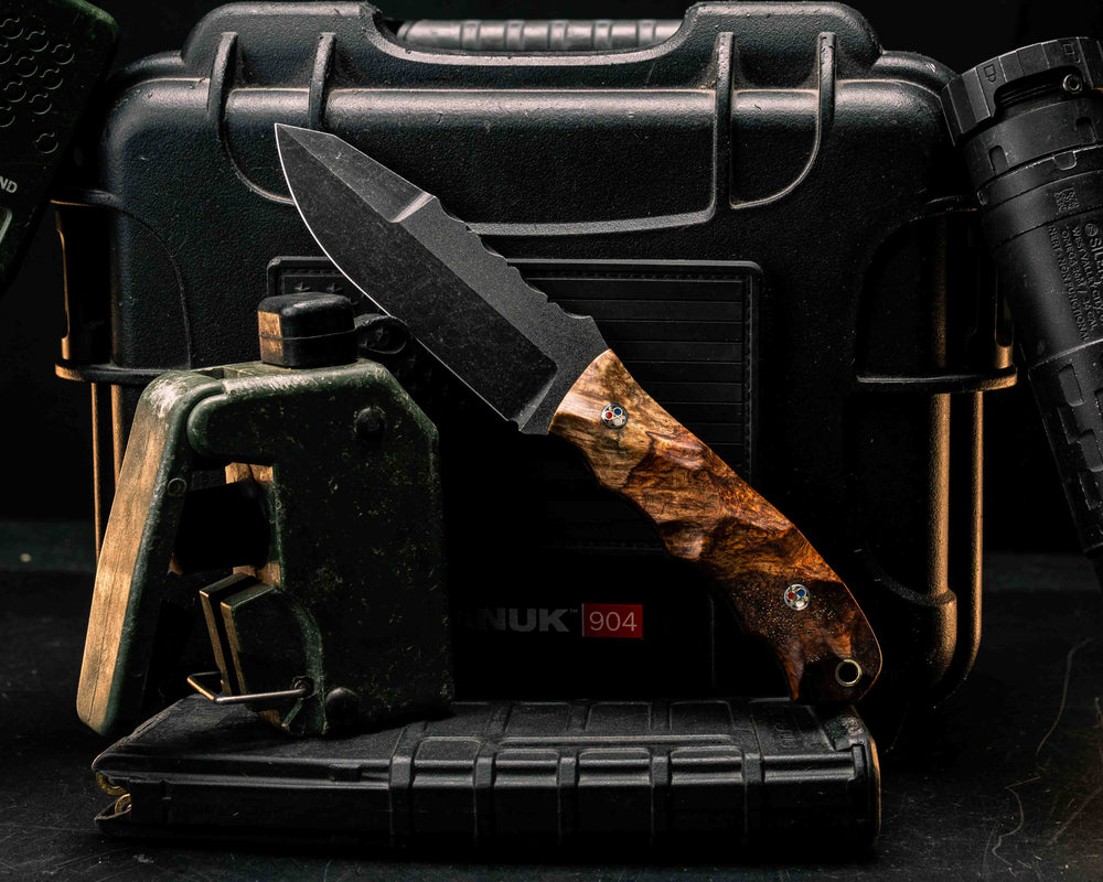 Disaster Jr Gen 3- Amboyna Burl, Patriot Mosaic Pins, Brass Lanyard Pin, Textured Grip