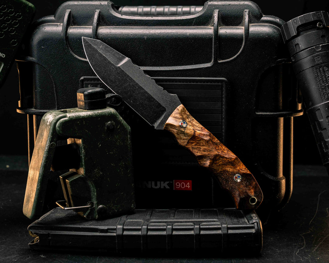 Disaster Jr Gen 3- Amboyna Burl, Patriot Mosaic Pins, Brass Lanyard Pin, Textured Grip