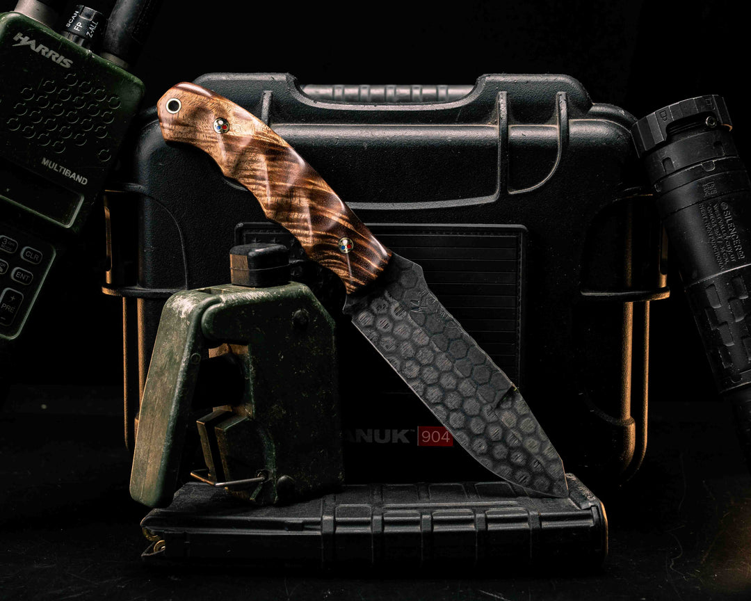 Disaster Breacher Gen 3- Hawaiian Curly Koa, Patriot Mosaic Pins, Brass Lanyard Pin, Textured Grip