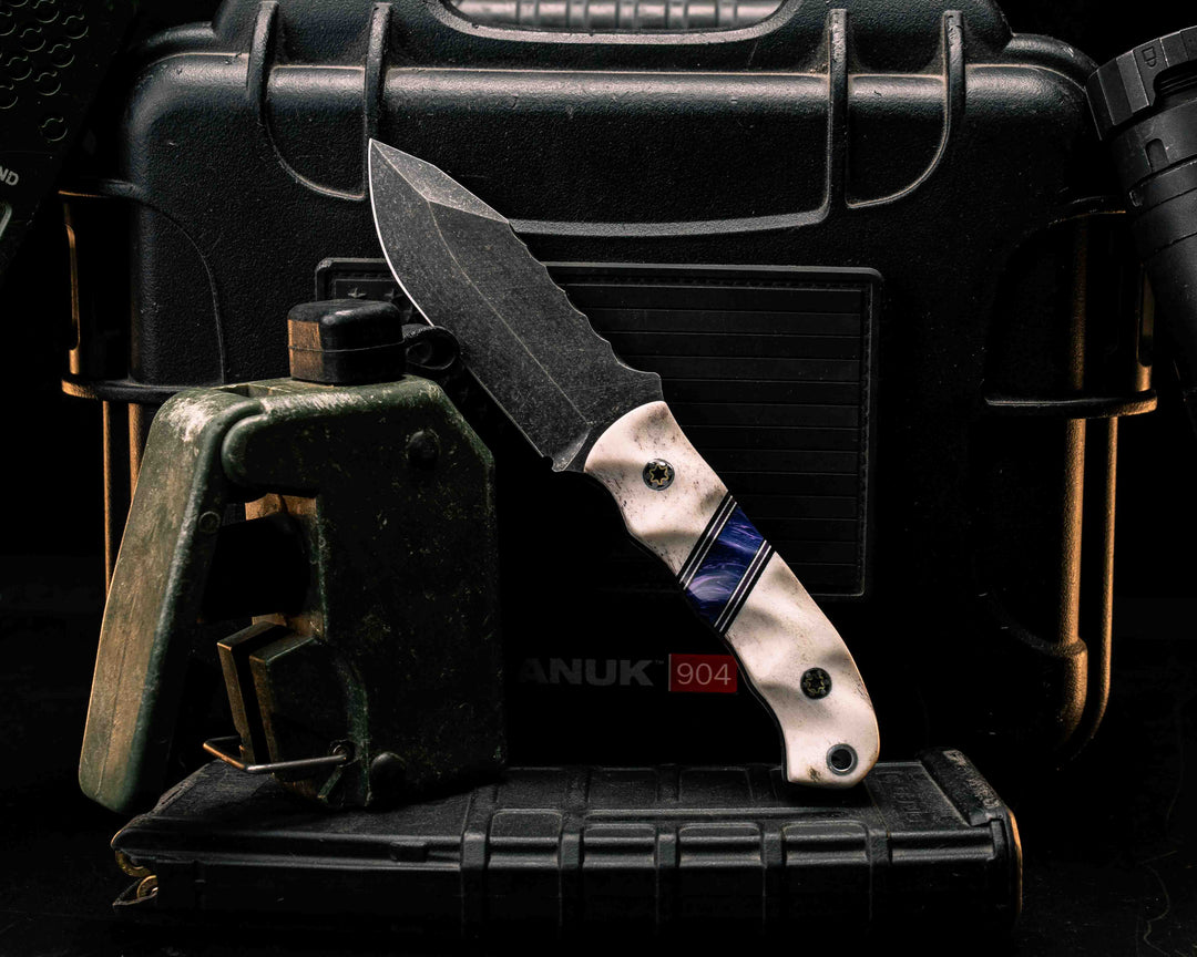 Disaster Cub- Elk Antler, Black G10, White G10 and Purple G10 Pin Striping, Violet Juma Gem Split, Mosaic Pins, Aluminum Lanyard Pin, Textured Grip
