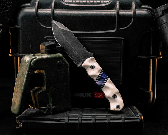 Disaster Cub- Elk Antler, Black G10, White G10 and Purple G10 Pin Striping, Violet Juma Gem Split, Mosaic Pins, Aluminum Lanyard Pin, Textured Grip
