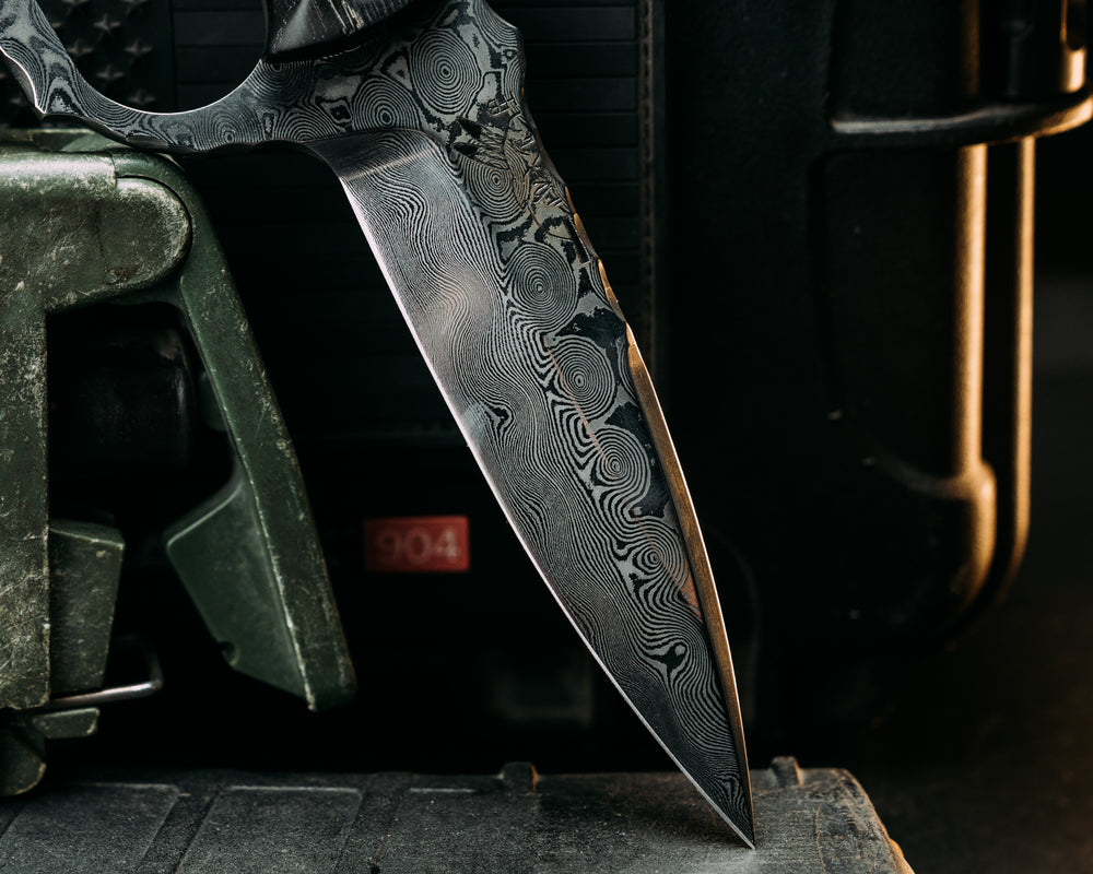 Trench Knife- Baker Forge Raindrop Damascus- Ancient Bog Oak, Patriot Mosaic Pins, Brass Lanyard Pin, Textured Grip