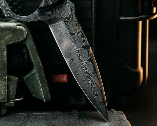 Trench Knife- Baker Forge Raindrop Damascus- Ancient Bog Oak, Patriot Mosaic Pins, Brass Lanyard Pin, Textured Grip