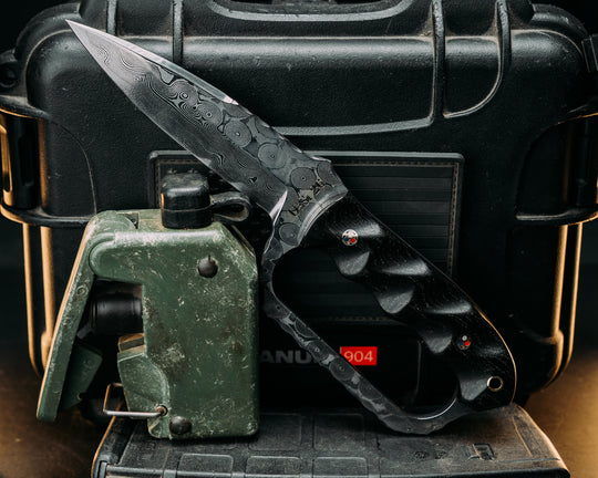 Trench Knife- Baker Forge Raindrop Damascus- Ancient Bog Oak, Patriot Mosaic Pins, Brass Lanyard Pin, Textured Grip