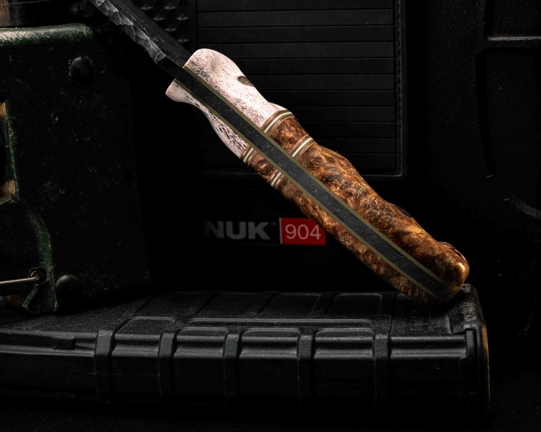 Disaster Jr Gen 3- Elk Antler, Coyote G10, Copper, OD Green G10 and White G10 Pin Striping, Chechen Caribbean Rosewood Split, Chechen Caribbean Rosewood, Mosaic Pins, Copper Lanyard Pin, Textured Grip