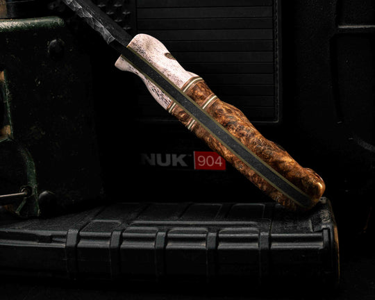Disaster Jr Gen 3- Elk Antler, Coyote G10, Copper, OD Green G10 and White G10 Pin Striping, Chechen Caribbean Rosewood Split, Chechen Caribbean Rosewood, Mosaic Pins, Copper Lanyard Pin, Textured Grip