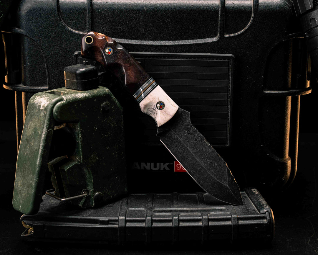 Disaster Cub- Elk Antler, Black G10, Aluminum and Coyote G10 Split, Hawaiian Curly Koa, Patriot Mosaic Pins, Brass Lanyard Pin, Textured Grip