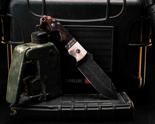 Disaster Cub- Elk Antler, Black G10, Aluminum and Coyote G10 Split, Hawaiian Curly Koa, Patriot Mosaic Pins, Brass Lanyard Pin, Textured Grip