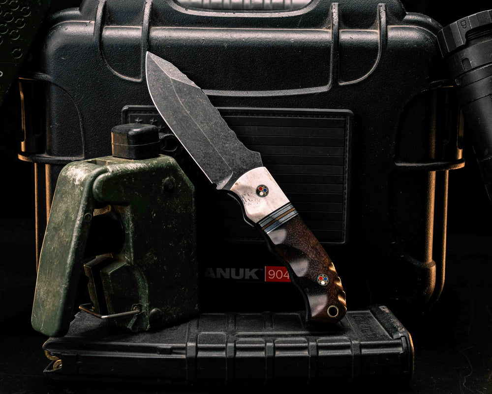 Disaster Cub- Elk Antler, Black G10, Aluminum and Coyote G10 Split, Hawaiian Curly Koa, Patriot Mosaic Pins, Brass Lanyard Pin, Textured Grip