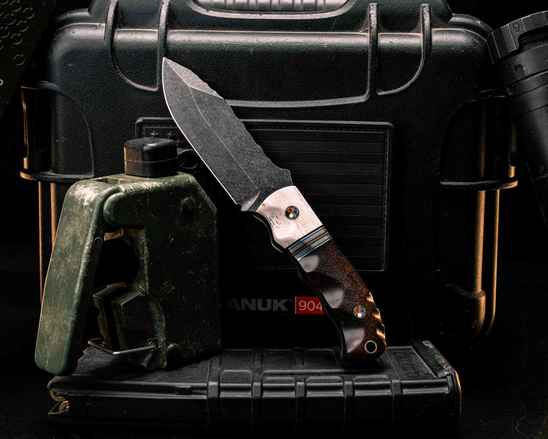 Disaster Cub- Elk Antler, Black G10, Aluminum and Coyote G10 Split, Hawaiian Curly Koa, Patriot Mosaic Pins, Brass Lanyard Pin, Textured Grip