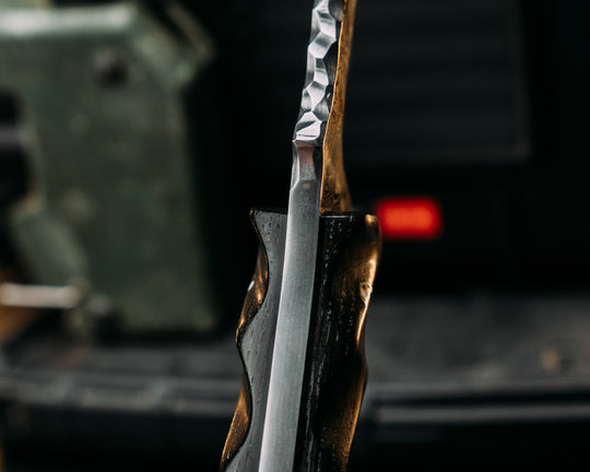 Trench Knife- Baker Forge Raindrop Damascus- Ancient Bog Oak, Patriot Mosaic Pins, Brass Lanyard Pin, Textured Grip