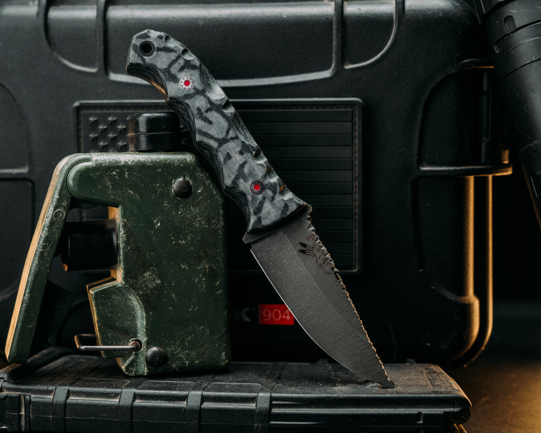 Hybrid Crow Cub Blade/Disaster Cub Handle- Black and Grey Elephant Print Jordan Canvas Micarta, Red and Silver Mosaic Pins, CF Lanyard Pin, Textured Grip