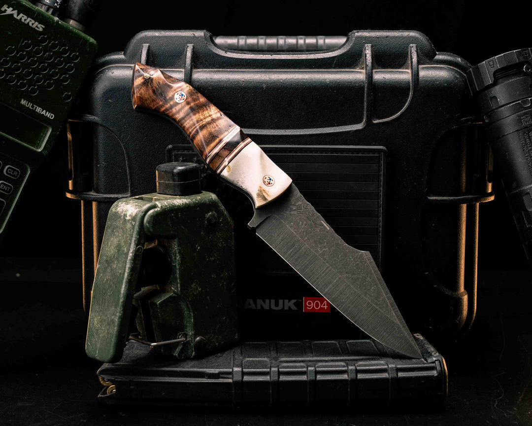 Widow Maker- Elk Antler, Black G10, White G10 and Copper Pin Striping, Hawaiian Curly Koa Split, Hawaiian Curly Koa, Copper Patriot Mosaic Pins, 1/8" Mosaic Pin, Textured Grip